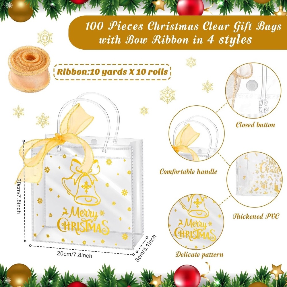 - 87 Pieces Christmas Clear Gift Bags Bulk with Bow Ribbon PVC Party Favor Bags